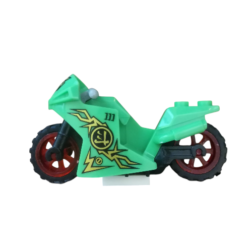 A Minifigure Bike for Racing in green features black and red wheels and a blocky building brick style. It includes lightning bolt graphics and round symbols on the sides, ideal for intense races.