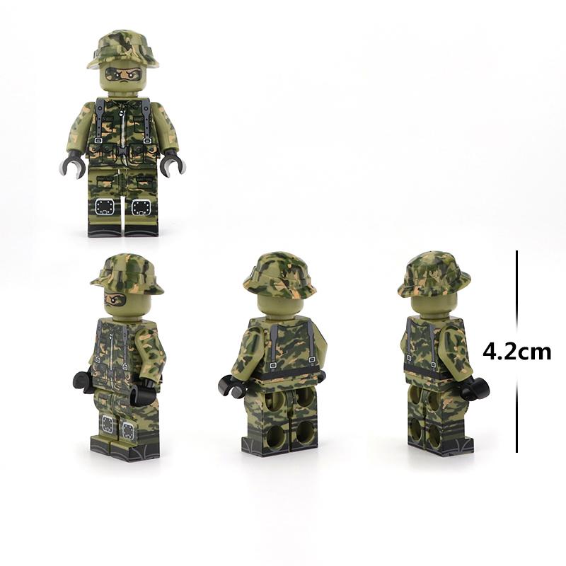 Custom LEGO Minifigure Sniper, 4.2 cm tall, in green camo outfit with matching hat and rifle, shown from various angles.