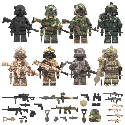 The LEGO Special Forces Minifigures collection features SAS, KSK, Alpha Team, and Navy Seal figures in camouflage outfits with diverse weapons. Additional accessories include rifles, a grenade launcher, and backpacks—ideal for military strategy enthusiasts.