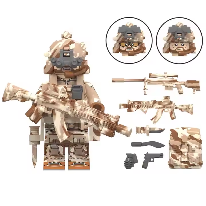 A LEGO Special Forces Minifigure, styled as SAS, features desert camo gear and a detailed rifle. Accessories include a helmet with goggles, various rifles, knife, backpack, and handgun. Inset images show two facial expressions reflecting elite military strategy.