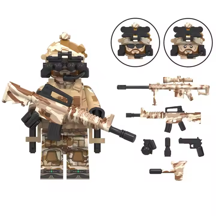 The LEGO Special Forces Minifigures set features a camo-clad SAS figure with a rifle, several weapons and accessories, and two inset circles showing alternate expressions with unique goggles, representing various strategies used by the Special Air Service, KSK, Alpha Team, and Navy Seals.