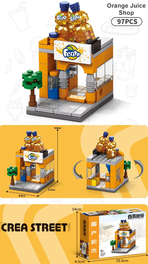 Building Blocks Orange Juice Shop: A 97-piece set with LEGO-like bricks in a vibrant orange and white design, featuring roof bottles that emphasize selling Vitamin C-rich drinks. Dimensions and packaging are shown at the bottom.