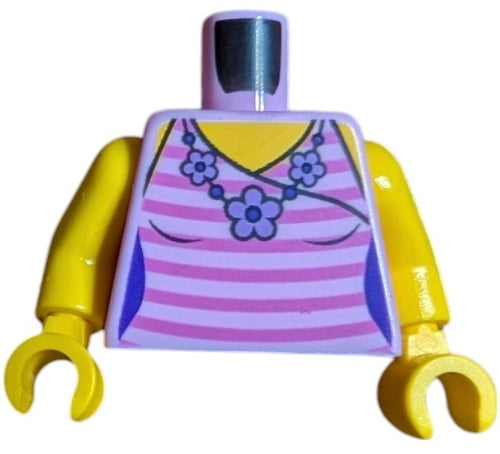 The LEGO 6107399 Torso (UB1438) features a stylish dark pink striped top with yellow arms and no head, accented with a charming flower necklace pattern on the front.