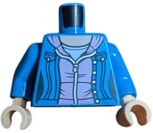 This trendy LEGO torso, item 6433763, showcases a chic jacket over a bright pink hoodie and white T-shirt design. It features blue sleeves and tan hands with a light nougat neck pattern, making it perfect for enhancing your LEGO collections style.