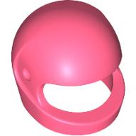 A 3D render of a minimalist pink motorcycle helmet for minifigures features a large open front, smooth rounded top, and single-piece design with customizable options like a small circular side vent.