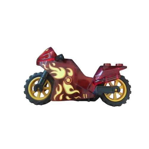 The Minifigure Bikes for Racing features a red and yellow interlocking brick motorcycle with flame designs, complemented by black tires and yellow rims. Perfect for racing enthusiasts, its showcased against a plain white background.