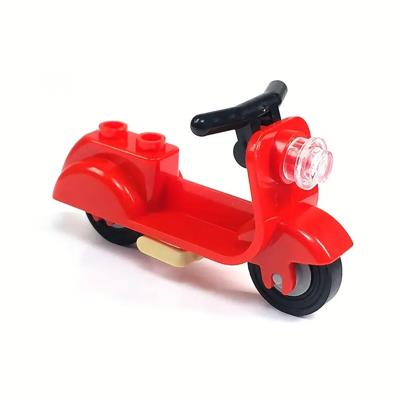 The red Minifigure Moped, made from interlocking plastic bricks, features two black wheels, a black handlebar, and a transparent headlight piece. This toy scooter promises endless adventures for creative minds. Choose from four different colors!.