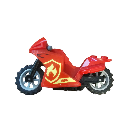 This red plastic toy motorcycle, perfect for races, features a yellow flame decal and Fire-05 on its side. With black wheels and a simple, blocky design, it resembles a sleek Minifigure bike from the Minifigure Bikes for Racing series.