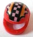 A red, circular mini motorcycle helmet with a checkered black and white pattern and orange accents is perfect for showcasing with minifigures, adding a custom flair to any collection. Available under Motorcycle Helmets for Minifigures: Various Colours and Styles.