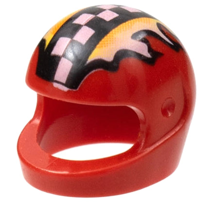 A red toy motorcycle helmet for Minifigures boasts a vibrant pattern with black and pink checkered squares plus yellow and black flames. Its open front and glossy surface make it perfect for customization or adding flair to your Minifigure collection or motorcycle helmets.