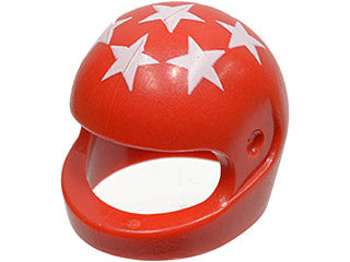 Enhance your minifigures adventures with a red Motorcycle Helmet featuring white stars, wide frontal opening, and a glossy finish.