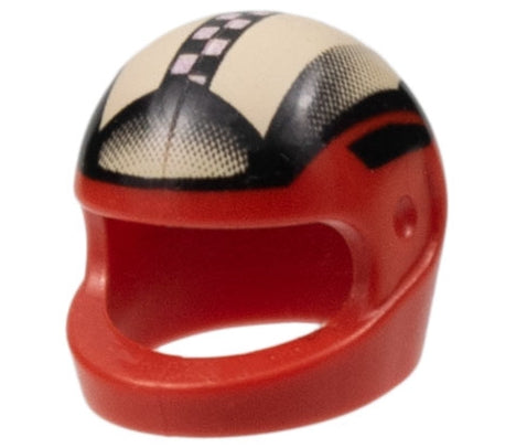 The Motorcycle Helmets for Minifigures, available in various colors and styles, offers a red plastic option with a black and white checkered pattern. Its open front design and smooth finish make it perfect for customizing miniature collections.