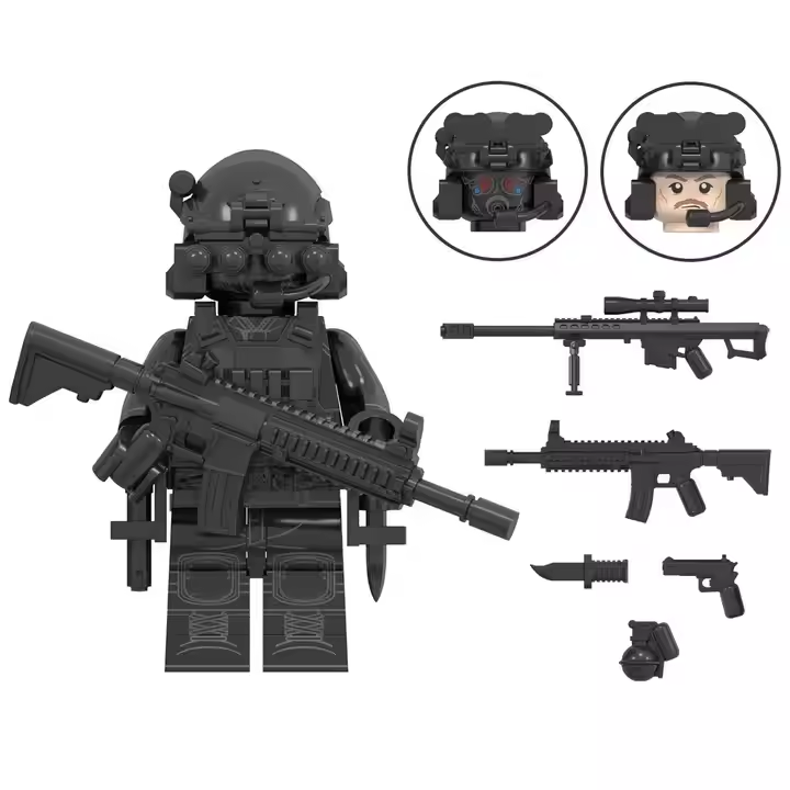 The LEGO Special Forces Minifigure, featuring black tactical gear and helmet with night vision goggles, includes interchangeable accessories like alternate heads, rifles, a knife, and grenade for customization to enhance military strategy play.