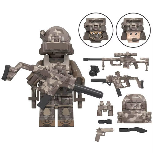 The LEGO Special Forces Minifigure features a camouflage pattern and is equipped with a rifle, helmet, knife, scope, and two face options. Accessories include matching weapons and gear for Special Air Service missions.