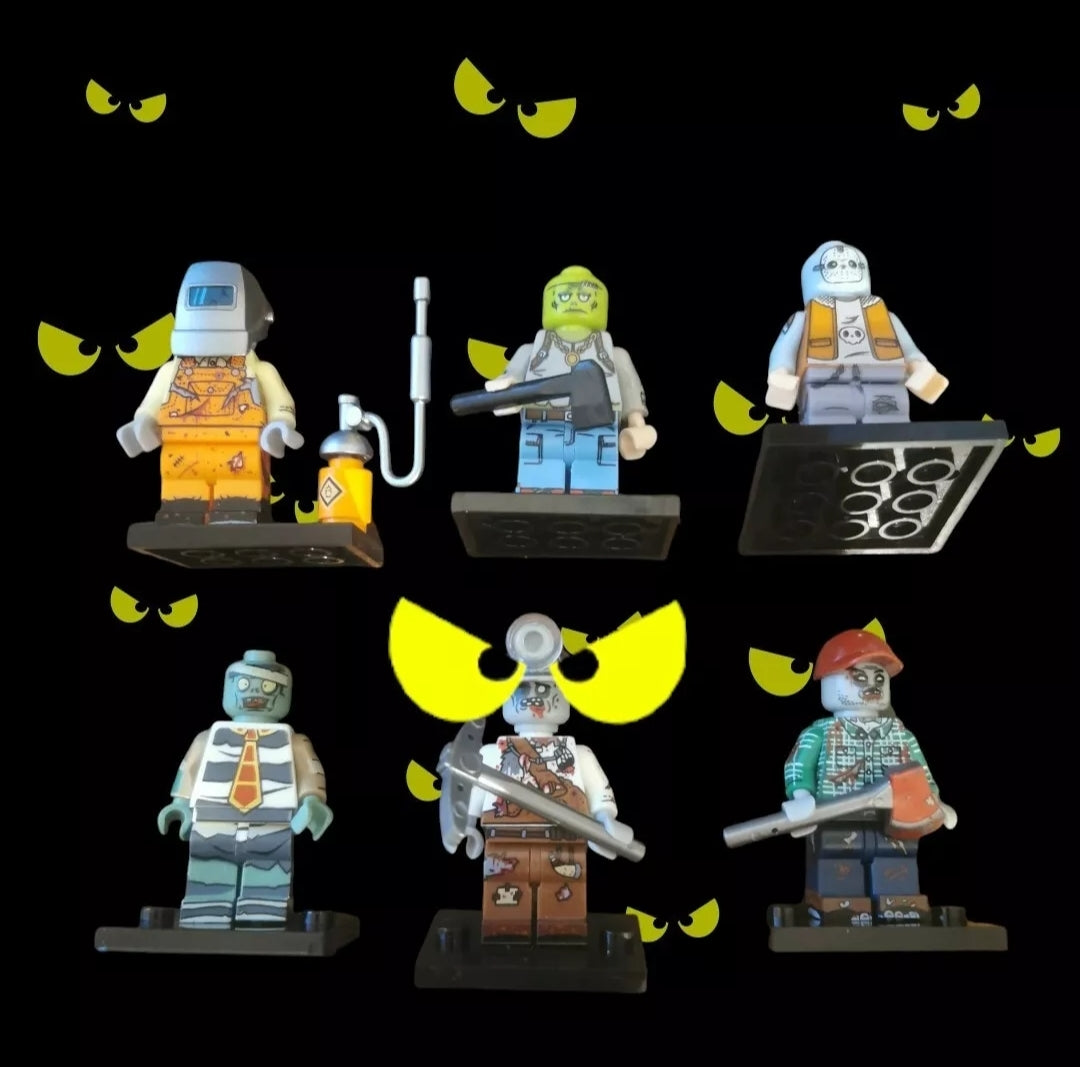 A set of six Halloween Minifigure Gifts is displayed on a black background, featuring eerie glowing yellow eyes. Dressed in varied outfits with accessories like weapons and tools, each minifigure showcases unique zombie characteristics—ideal for capturing the spooky Halloween spirit.