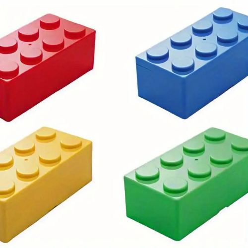 Four colorful Pack of 4 2x4 Storage Blocks are arranged in a square formation, resembling large LEGO bricks with raised circular studs, available in red, blue, yellow, and green.