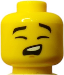 The LEGO Minifigure Head UB1003 in yellow features dual faces—one showing unhappiness with closed eyes and a small open mouth, and the other expressing revenge. Its a lightweight piece that enhances expressive versatility in your collection.