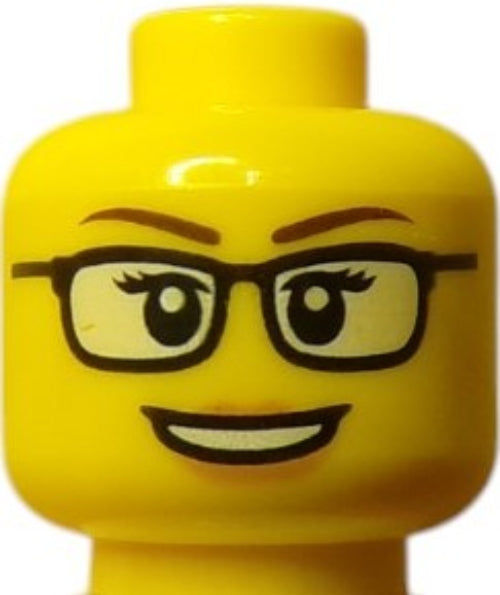 LEGO 6153328 Minifigure Head with black glasses, raised brown eyebrows, and a wide smile is perfect for gadget geeks who love the geek chic style of a Geeky Minifigure Head.