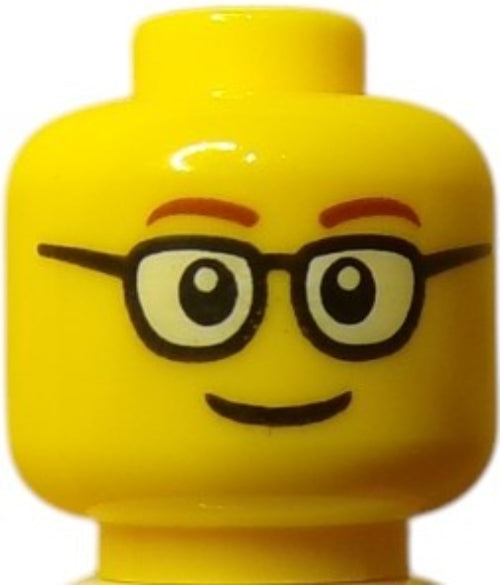 The LEGO 6112629 Minifigure head in yellow features a smile, black-framed glasses, and painted eyebrows—ideal for enhancing your Minifigure collection.
