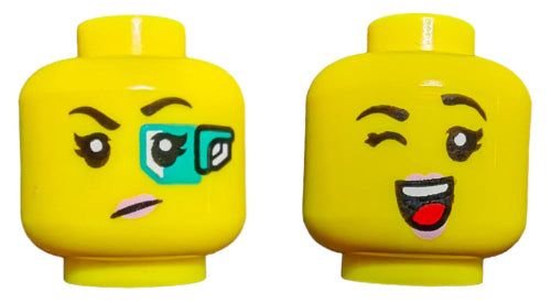 The LEGO 6334588 Minifigure Head features two distinct yellow facial designs: one side with a raised eyebrow, turquoise eye mask, and straight mouth; the other with a wink and open smile. Perfect as a unique Minifigure accessory, each side offers distinctively painted black eyebrows and pink lips.