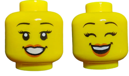 Two LEGO 6306822 minifigure heads exhibit cheerful expressions. The left face, with an open-mouth smile and raised eyebrows, contrasts with the rights closed eyes and arched brows, creating a delightful duo!.