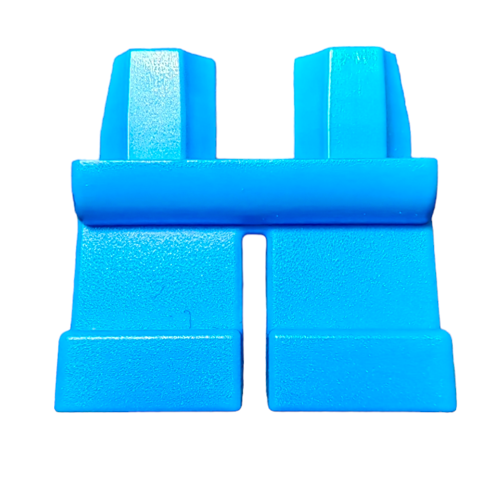 Close-up of a small, plastic blue object named SHORT LEGS resembling a simplified castle tower with two vertical sections on top and a horizontal bar between them, set against a plain white background.