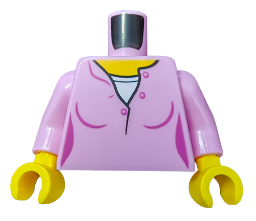 The LEGO 6223880 Minifigure Torso has a pink top with a white collar, purple buttons, and pink arms with yellow hands. Although the head is missing, this stylish torso enhances any LEGO ensemble.