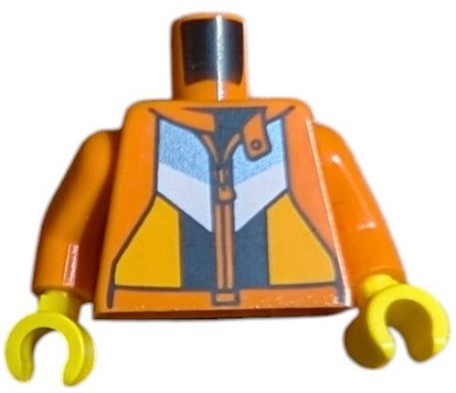 The LEGO 6376473 Torso Jacket is ideal for outdoor adventures, featuring black, bright light orange, dark bluish gray, and white panels with a zipper and Sport Mountain logo. It comes with yellow hands and no head attached, perfect to enhance your Sport Mountain scenes.
