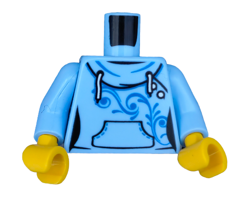 The LEGO 6176217 product is a minifigure torso without a head, featuring a chic female hoodie design with blue scrollwork, yellow hands, and a printed front pocket.