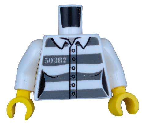 LEGO 6253594 Torso features Prisoner No. 50382 with classic grey stripes (UB1151), yellow hands, and excludes a head.