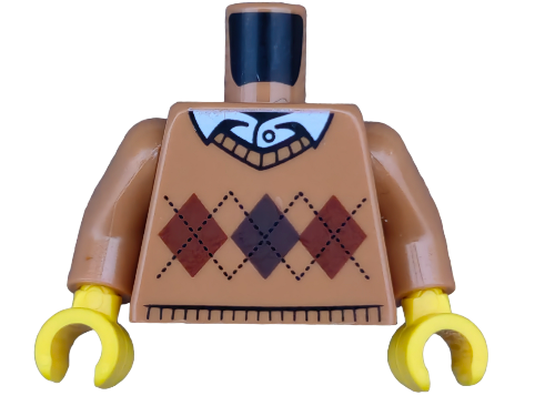 LEGO 6152800 Torso features a tan argyle sweater with a white shirt collar and black tie. It includes yellow arms with C-shaped hands, ideal for your collection. Note: Head and legs not included.