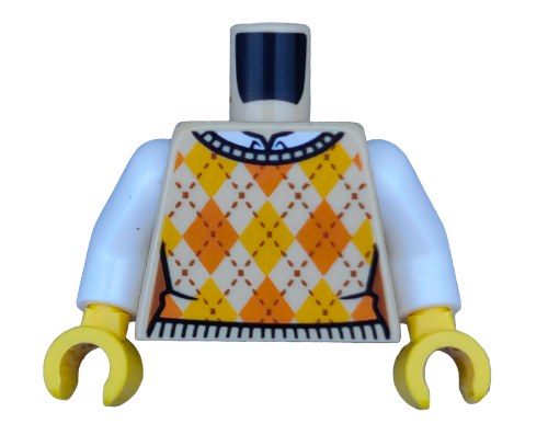 The LEGO 6400766 Torso boasts yellow hook hands, white arms, and a light orange and orange argyle pattern resembling a knitted sweater vest on a crisp white background.