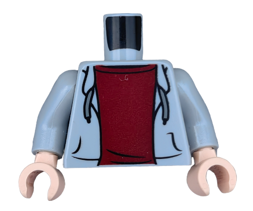 The LEGO 6310369 Torso, Hooded Sweatshirt and Dark Red Top - UB1155 features a design with light beige hands. It doesnt include a head or legs.