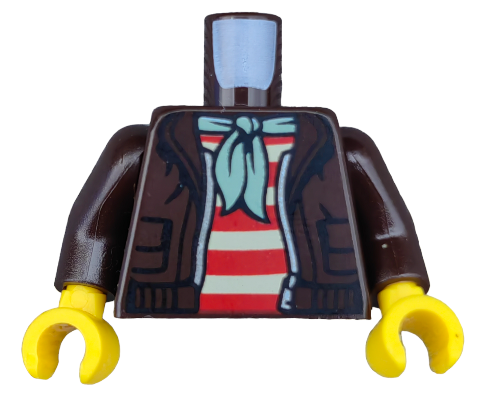 The LEGO 6392238 Minifigure Torso features a brown jacket over a red and tan striped shirt, complemented by a subtle shark motif on the back. With yellow arms and classic C-shaped hands, its an adventurous addition to your collection.
