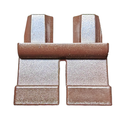 Close-up of a brown SHORT LEGS LEGO piece with two rectangular legs and stud connectors on top for attaching to other parts, isolated on a white background.