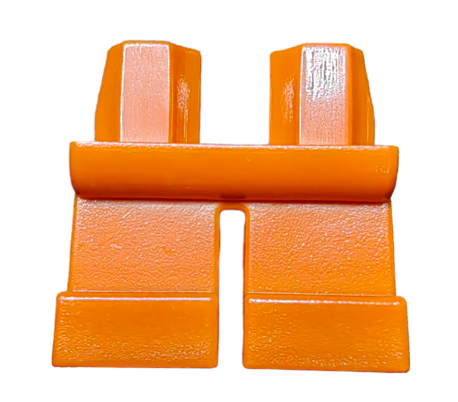 The SHORT LEGS are orange plastic toy legs resembling a building set piece, viewed from the front. The top features two rectangular connectors, while the lower section has separated leg parts with a small gap in between.