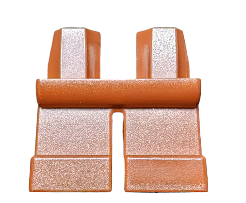 Close-up of orange plastic SHORT LEGS from a construction-themed toy figure, highlighting leg details and a rectangular waist.