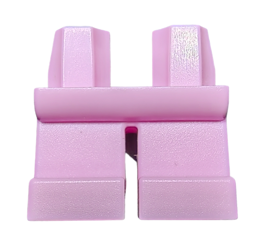 The SHORT LEGS are pink, Lego-style plastic bricks shaped like pants with textured surfaces and a distinct central groove.