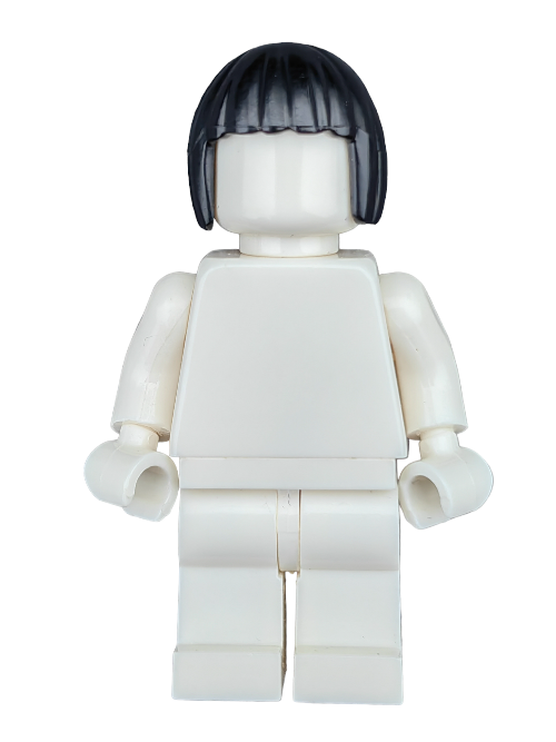 A white LEGO minifigure features a plain torso and legs, paired with the LEGO 6155002 Wig, styled as a black short bob. It stands on a plain white backdrop, making it an ideal addition to any collection.