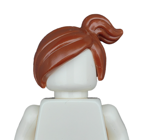 The BROWN WIGS product is a white LEGO figure with a blank face, featuring long brown hair styled in a side ponytail.