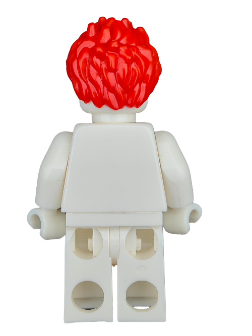 Wearing LEGO 6366710s red spikey wig, this minifigure captures attention with bold hair against a simple white outfit, ensuring standout charm even from behind.