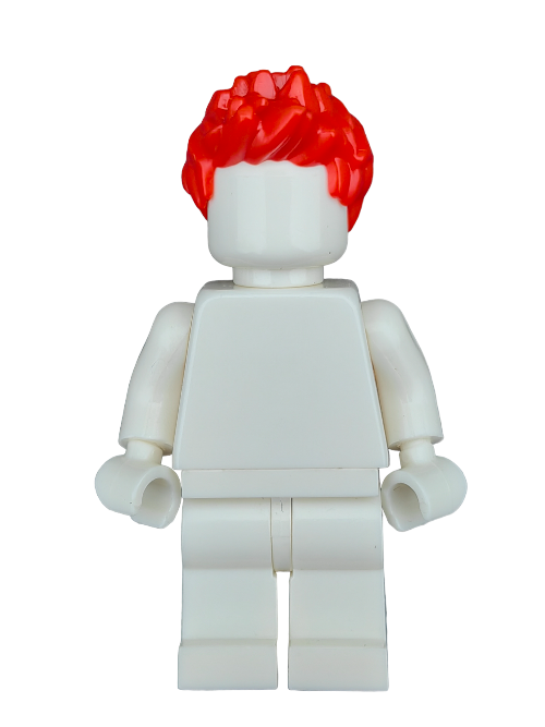 A white LEGO minifigure stands out against a plain background, showcasing the LEGO 6366710 Wig with vibrant red spikey hair. With its blocky limbs and simple design, its truly iconic, complete with its unique mini figure accessory.