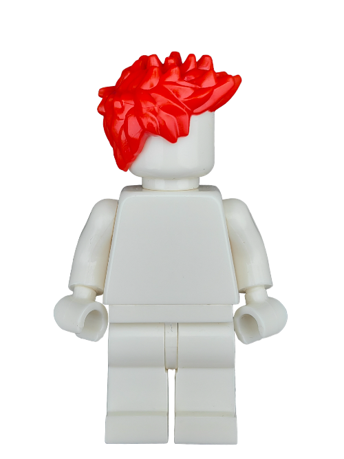 Against a plain background, a white Lego minifigure with the unique LEGO 6366710 Wig featuring red spiky hair stands forward, proudly displaying its block-like features and bold hairstyling.