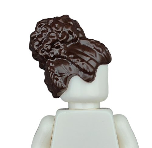 A Lego figurine, named BROWN WIGS, features a white figure with an intricate brown hairstyle resembling a vintage wig shown from the back, styled with waves and curls.