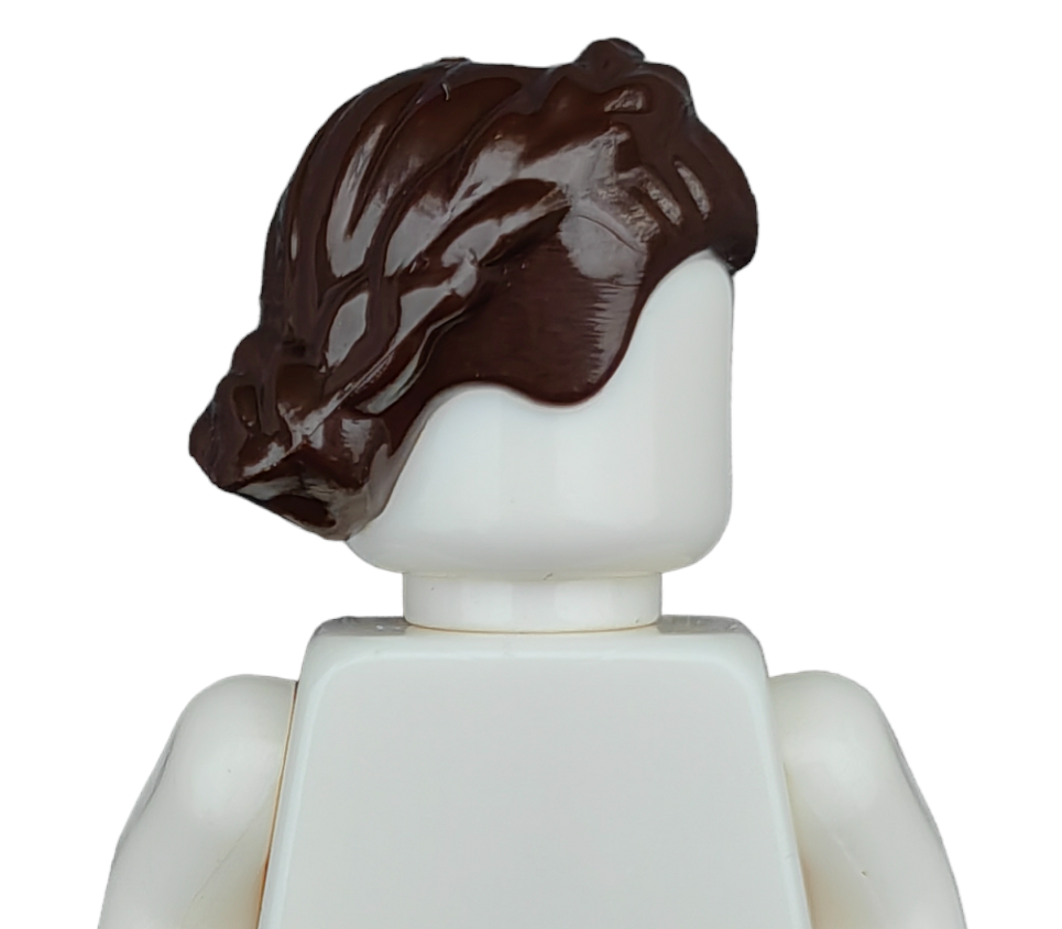 A rear-view close-up of a Lego Minifigure with a white head and torso, featuring BROWN WIGS styled in a side-swept wave, against a plain white background.