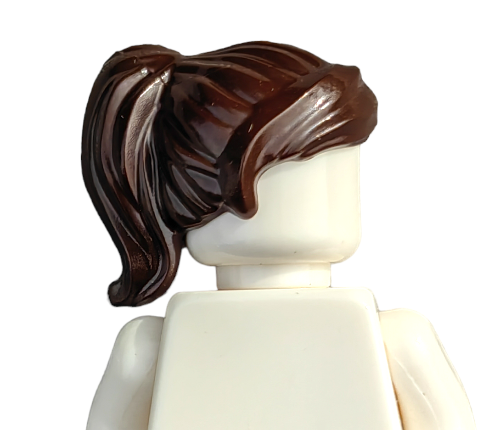 A LEGO Minifigure head and torso featuring a brown ponytail from BROWN WIGS; its white with no facial details, against a plain white background.