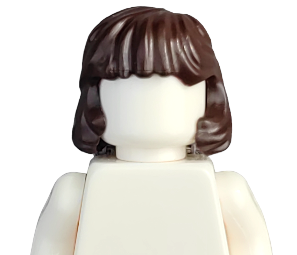 The BROWN WIGS Lego-style figurine features a white body and brown hair, seen from the front without facial details.