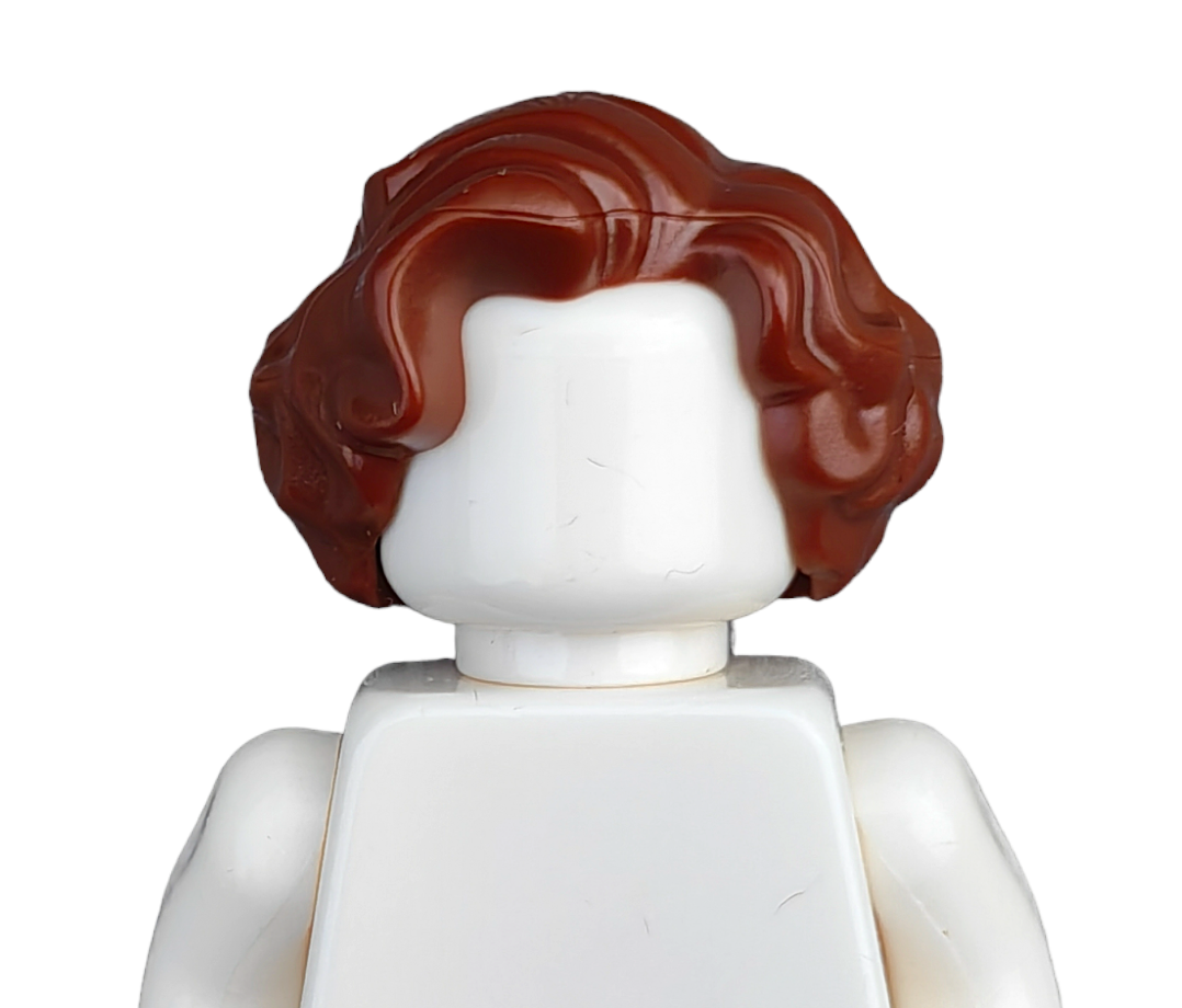 A Lego Minifigure from BROWN WIGS with no facial features, has brown wavy hair and a white torso and arms, set against a plain white background.