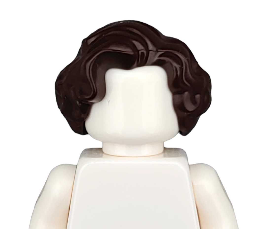 A plain Lego Minifigure with brown, wavy hair and an off-white torso against a white background. Product: BROWN WIGS.