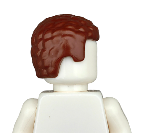 Rear view of a Lego Minifigure featuring BROWN WIGS, a textured brown hairpiece. The figure, crafted from glossy white plastic, has a simple, blocky shape and no facial features.